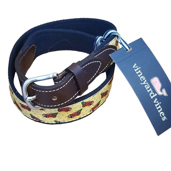 NEW Vineyard Vines Boys Christmas Truck & Tree Canvas Club Belt Yellow Size 28 - Picture 1 of 5